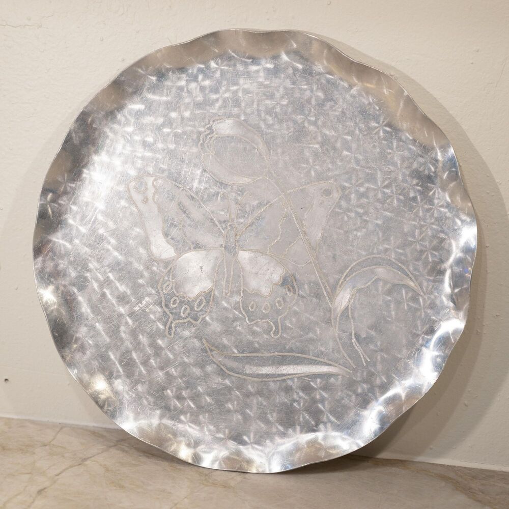 Vintage Aluminum Light Weight Round Tray Etched Butterfly and Floral Design